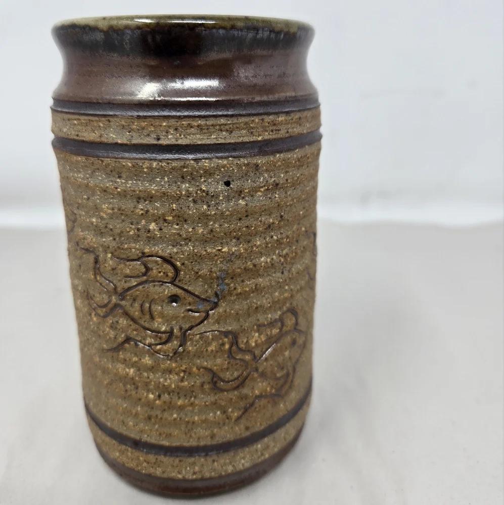 Barnes Studio Pottery Vase or Glass Swimming Fish Rustic Exterior Handmade Signd